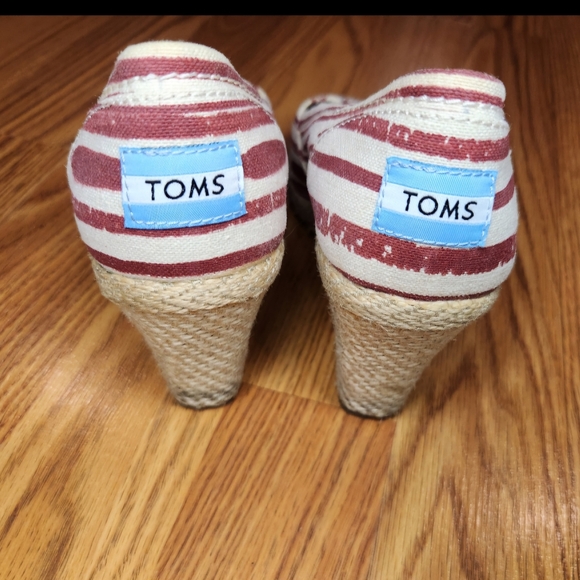 TOMS Calypso Wedge Espadrilles Red White Stripe Canvas Jute Peep Toe Women’s 7 - Picture 5 of 9